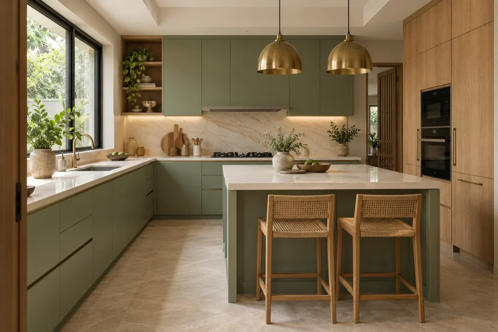 Wide three-quarter view from left doorway, showing the L shaped counters, island, sage cabinetry and oak appliance tower.