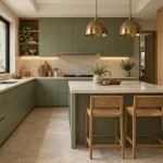 Wide three-quarter view from left doorway, showing the L shaped counters, island, sage cabinetry and oak appliance tower.