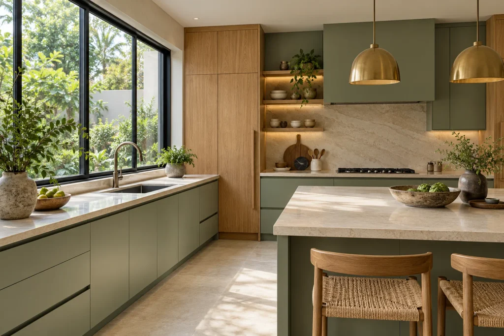 View from beside the island toward the sink and large black-framed window, clearly showing the sink counter and oak details.