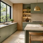 View from beside the island toward the sink and large black-framed window, clearly showing the sink counter and oak details.