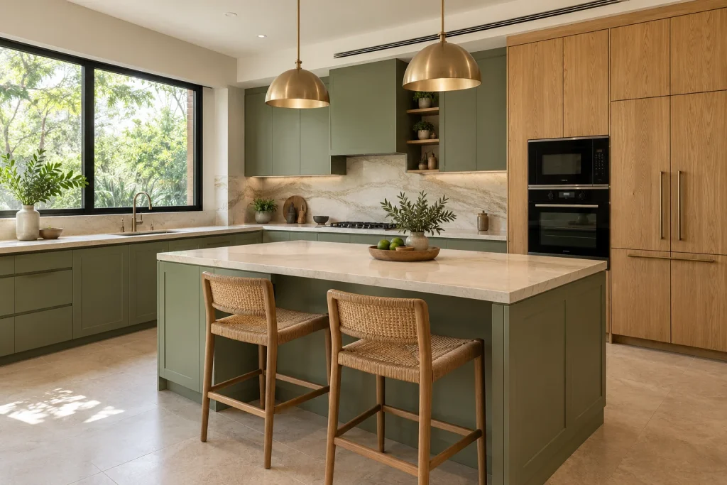 View toward the tall natural-oak appliance wall, built-in black oven and microwave, with island at foreground.
