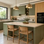 View toward the tall natural-oak appliance wall, built-in black oven and microwave, with island at foreground.