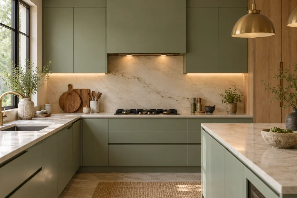 Closer architectural view of the back cooking wall: sage cabinets, gas hob, concealed hood, cream marble backsplash.