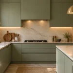 Closer architectural view of the back cooking wall: sage cabinets, gas hob, concealed hood, cream marble backsplash.