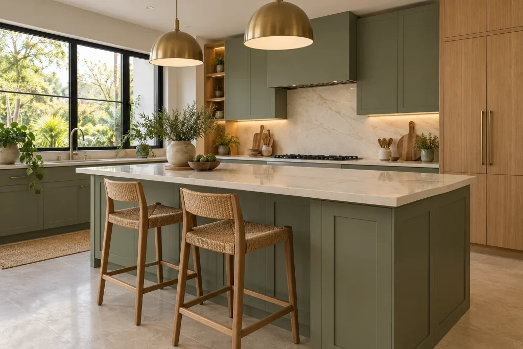 A low three-quarter view along the ivory quartz island, showing sage island base, two oak woven stools and brass pendants.