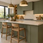 A low three-quarter view along the ivory quartz island, showing sage island base, two oak woven stools and brass pendants.
