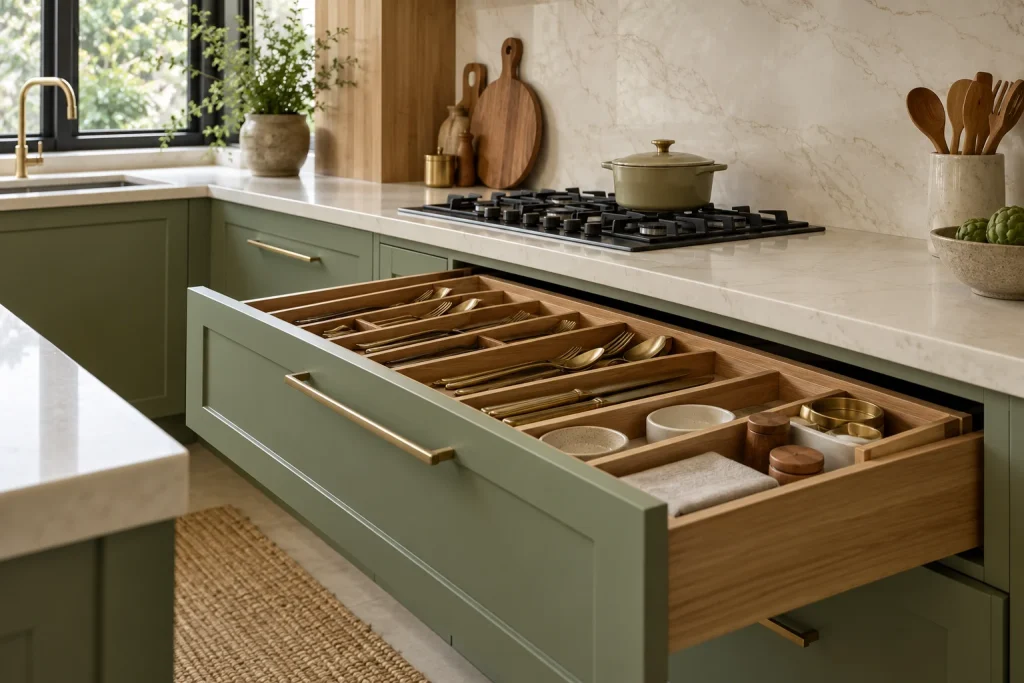 Detail photograph of sage base cabinetry with a wide drawer pulled open neatly revealing cutlery and storage organizers, cream quartz counter above.