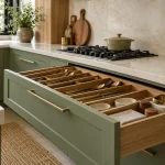 Detail photograph of sage base cabinetry with a wide drawer pulled open neatly revealing cutlery and storage organizers, cream quartz counter above.