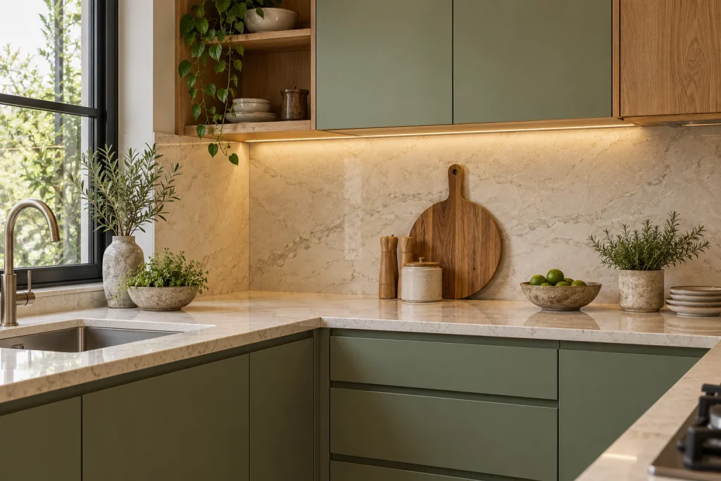 Detail photograph of the corner countertop, cream veined stone backsplash, soft under-cabinet lighting, oak chopping board and sage cabinet fronts.
