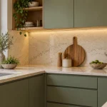 Detail photograph of the corner countertop, cream veined stone backsplash, soft under-cabinet lighting, oak chopping board and sage cabinet fronts.