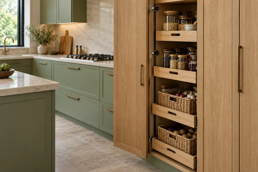 Close detail photograph of a tall oak pantry cabinet partly open, showing neatly arranged pull-out baskets; nearby sage cupboards visible.