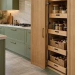 Close detail photograph of a tall oak pantry cabinet partly open, showing neatly arranged pull-out baskets; nearby sage cupboards visible.