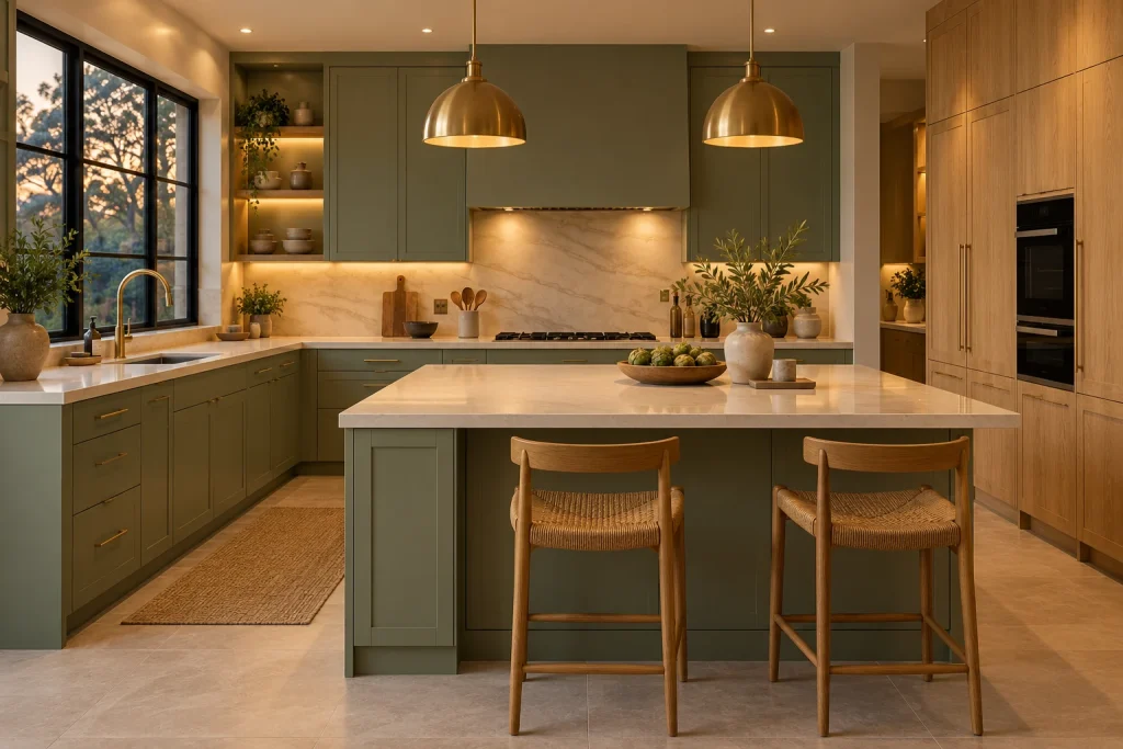 Wide view across the island during warm evening lighting, same sage and oak kitchen with cream counters, two brass dome pendants and window.