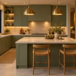 Wide view across the island during warm evening lighting, same sage and oak kitchen with cream counters, two brass dome pendants and window.