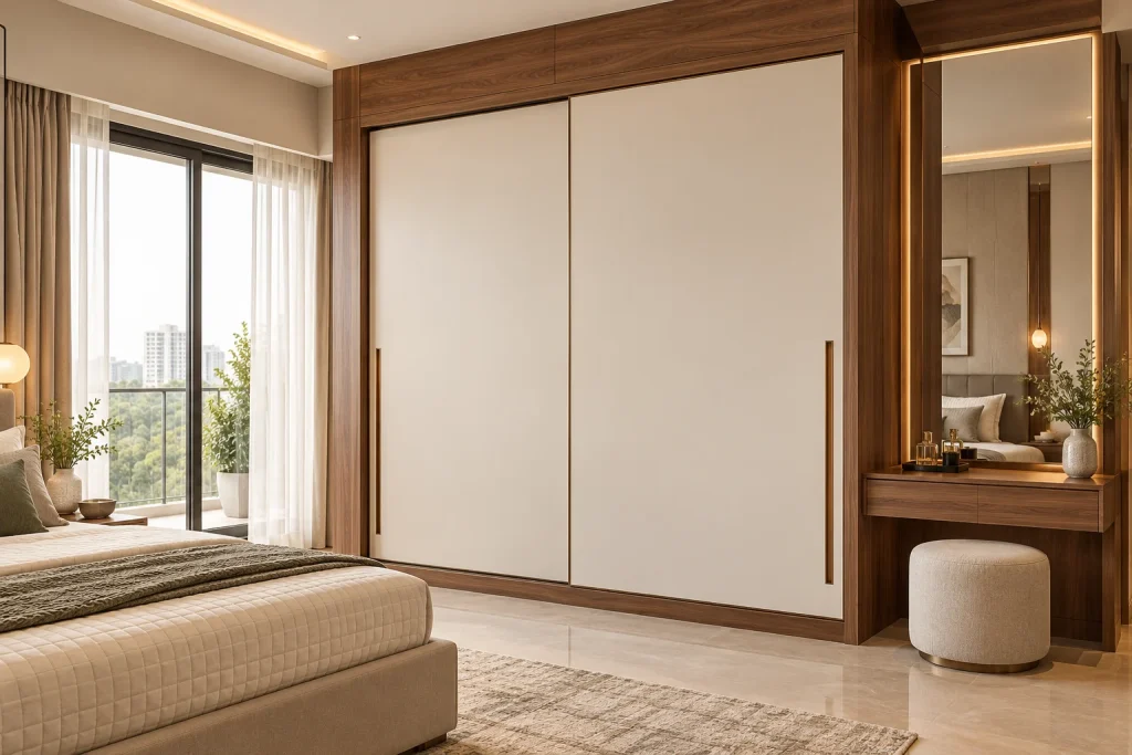 Walnut and ivory sliding wardrobe with dressing nook
