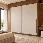 Walnut and ivory sliding wardrobe with dressing nook