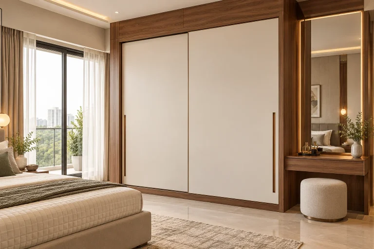 Walnut and ivory sliding wardrobe with dressing nook