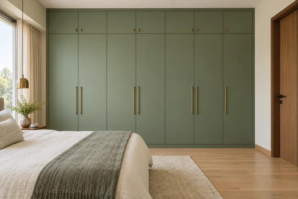 Bedroom with a full-height matte sage-green hinged wardrobe, slim brass handles, matching overhead loft storage, light oak floor, cream bed partly visible. Entire wardrobe visible.