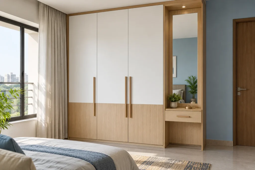 Compact bedroom with a full-height light oak and white three-door wardrobe, integrated narrow dressing mirror with drawer, daylight and pale blue wall. Entire wardrobe visible.