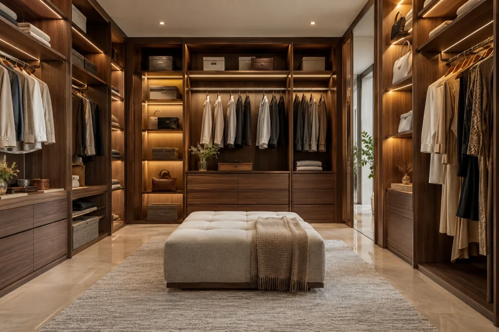 Luxurious walk-in dressing room with open walnut wardrobe bays, warm LED shelf lighting, hanging rails with neatly arranged neutral clothes, drawers and central low upholstered bench.