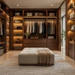 Luxurious walk-in dressing room with open walnut wardrobe bays, warm LED shelf lighting, hanging rails with neatly arranged neutral clothes, drawers and central low upholstered bench.