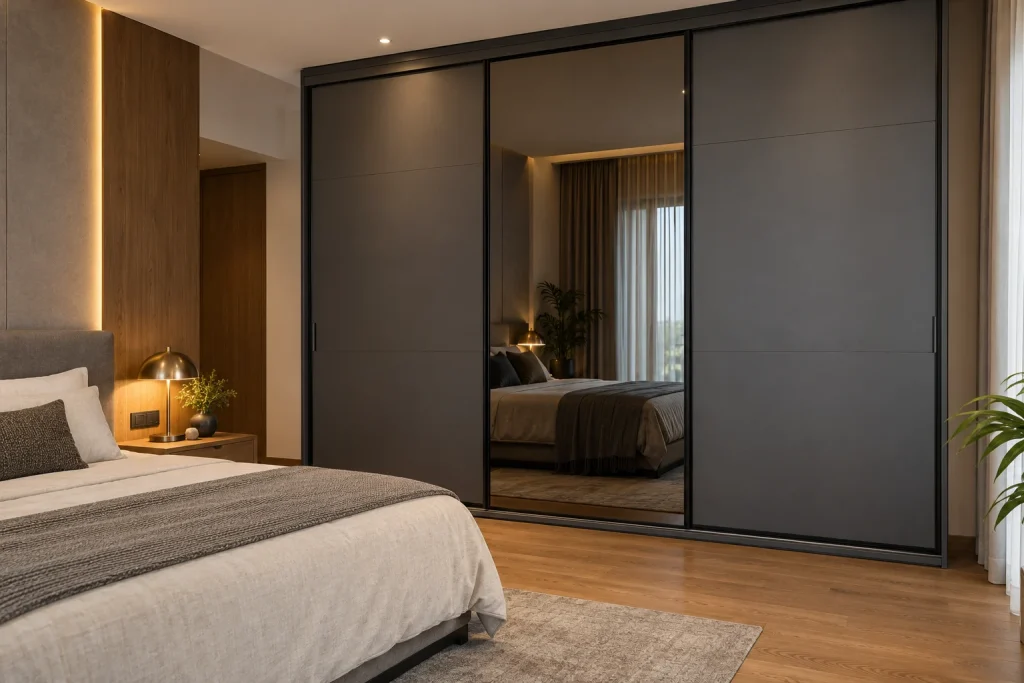 Contemporary bedroom with a charcoal-grey sliding wardrobe with one smoked mirror panel, slim black profiles, warm oak flooring and soft bedside lighting. Entire wardrobe visible.