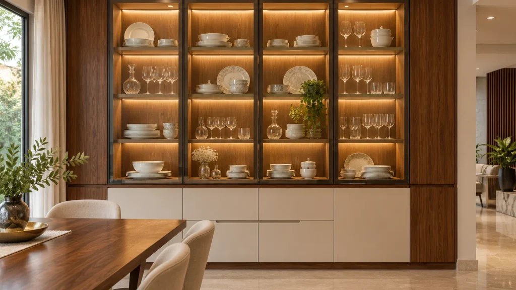 Contemporary Indian dining-room crockery display unit: floor-to-ceiling walnut cabinetry, illuminated glass-front upper display cabinets with neatly arranged plates and glasses, closed cream base drawers, complete cabinet visible.