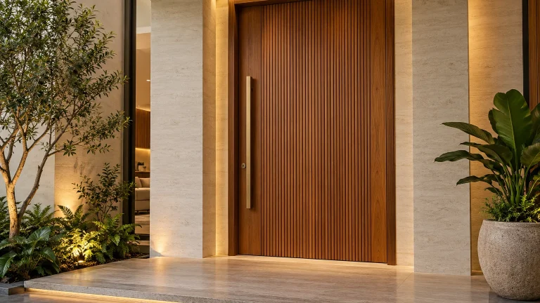 Modern apartment entrance door in richly textured natural teak with vertical fluting, a long bronze handle, cream stone frame and subtle warm lighting. Door is the clearly dominant subject, frontal three-quarter architectural view.