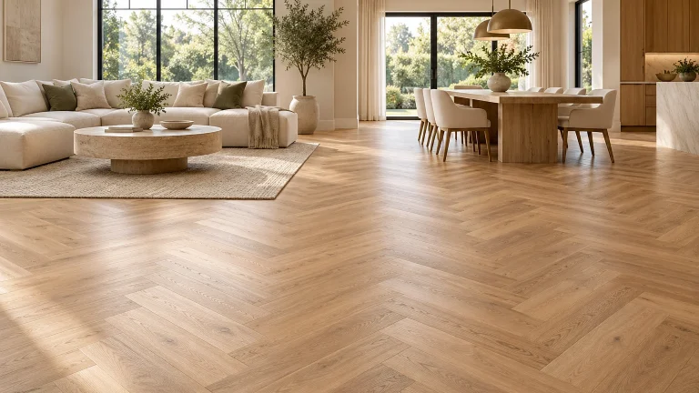 Modern open living and dining interior photographed to showcase natural warm oak herringbone flooring, generous clear foreground floor area with realistic grain and crisp plank pattern, neutral cream furniture in the background.