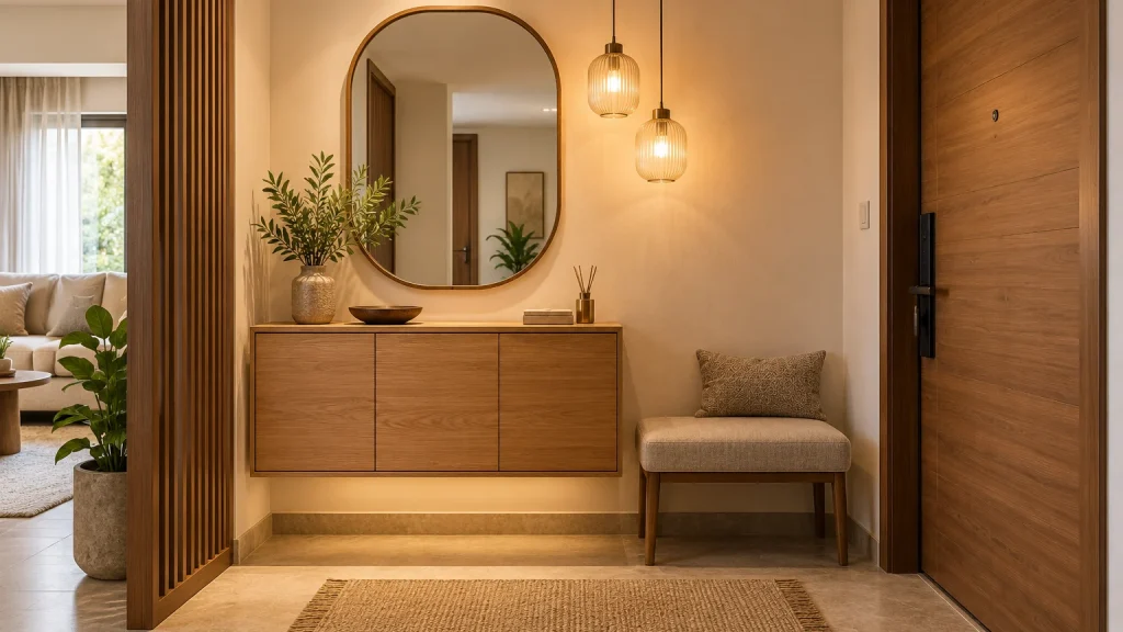 Elegant compact Indian apartment foyer with a floating oak shoe cabinet, upholstered small bench, rounded mirror and warm pendant lighting, pale neutral walls, practical entry arrangement clearly visible.