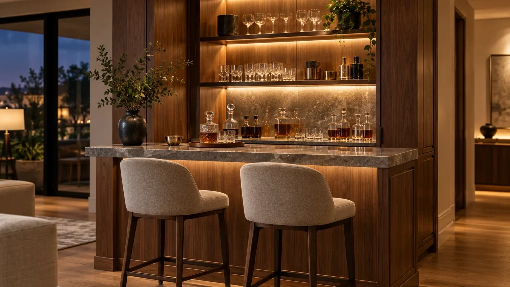 Refined compact home bar corner: walnut cabinet with lit open glass shelving, a stone counter, two upholstered bar stools and a few unbranded decanters and glasses, warm evening interior light.
