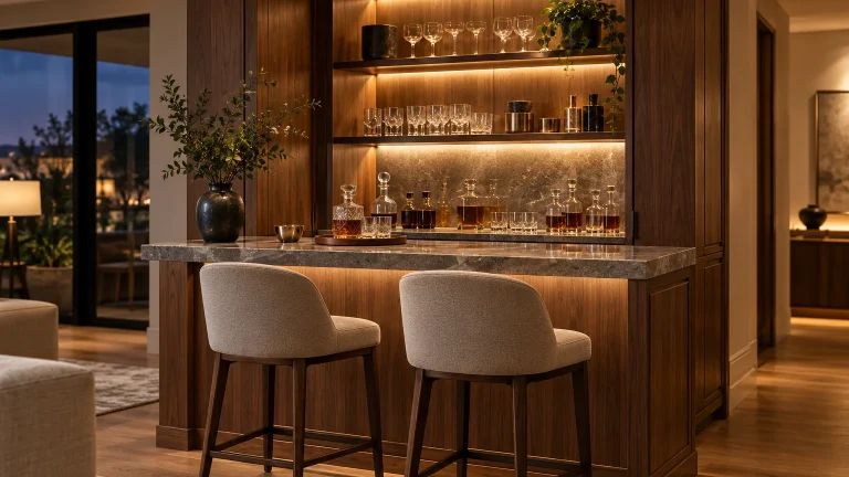 Refined compact home bar corner: walnut cabinet with lit open glass shelving, a stone counter, two upholstered bar stools and a few unbranded decanters and glasses, warm evening interior light.