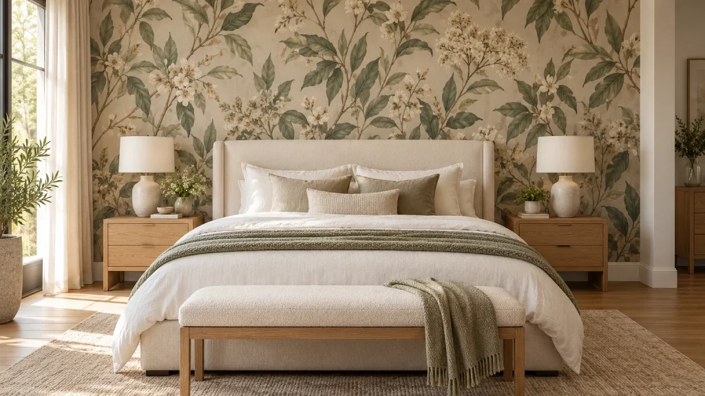 Contemporary neutral bedroom with a clearly visible feature wall covered in elegant muted botanical wallpaper, ivory upholstered bed, oak bedside tables and warm daylight. Wallpaper pattern must be the main visual interest.