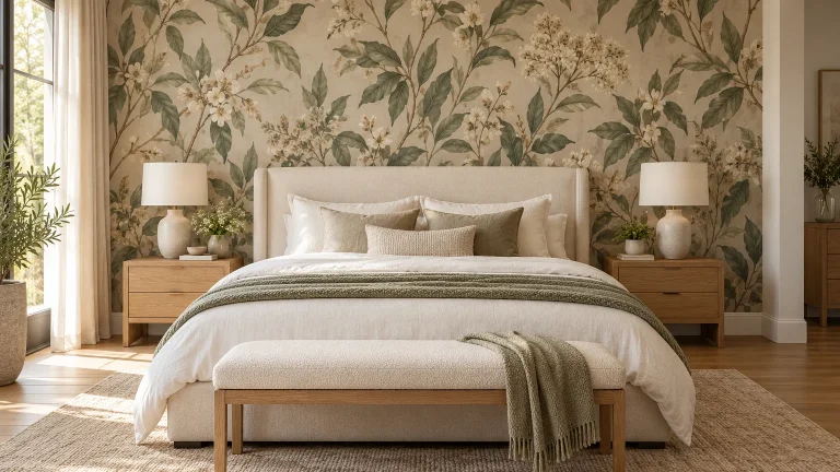 Contemporary neutral bedroom with a clearly visible feature wall covered in elegant muted botanical wallpaper, ivory upholstered bed, oak bedside tables and warm daylight. Wallpaper pattern must be the main visual interest.