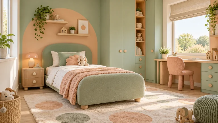 Cheerful modern children's bedroom with a pastel sage and peach palette, safe rounded single bed, integrated wardrobe, child-height desk, soft rug and natural daylight. Neatly styled, no children or people.