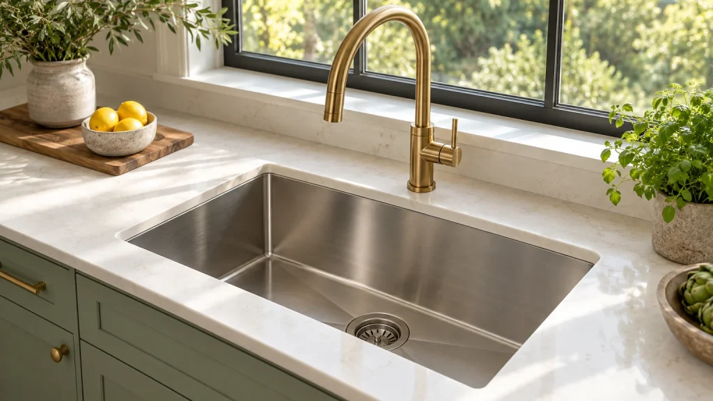 Close architectural product photograph of a premium brushed stainless-steel undermount kitchen sink and brass gooseneck faucet fitted into an ivory quartz countertop, sage cabinet fronts and large sunlit window. Sink fully visible and dominant.