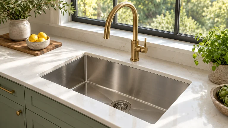 Close architectural product photograph of a premium brushed stainless-steel undermount kitchen sink and brass gooseneck faucet fitted into an ivory quartz countertop, sage cabinet fronts and large sunlit window. Sink fully visible and dominant.