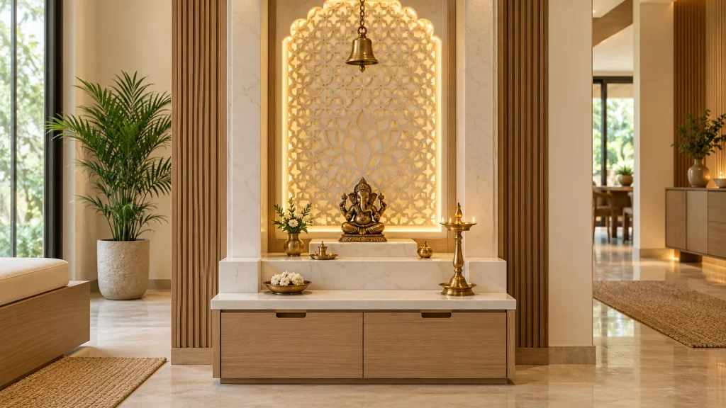 Respectful contemporary Indian home pooja alcove: compact white marble and light oak mandir, brass bell, simple small brass Ganesha idol, warm backlit carved lattice panel, tidy low storage drawers and a brass lamp. Show the complete prayer unit.