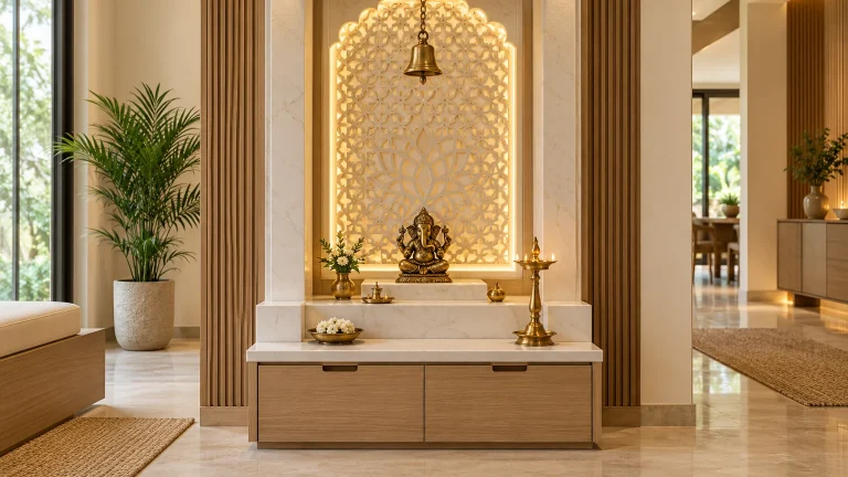Respectful contemporary Indian home pooja alcove: compact white marble and light oak mandir, brass bell, simple small brass Ganesha idol, warm backlit carved lattice panel, tidy low storage drawers and a brass lamp. Show the complete prayer unit.