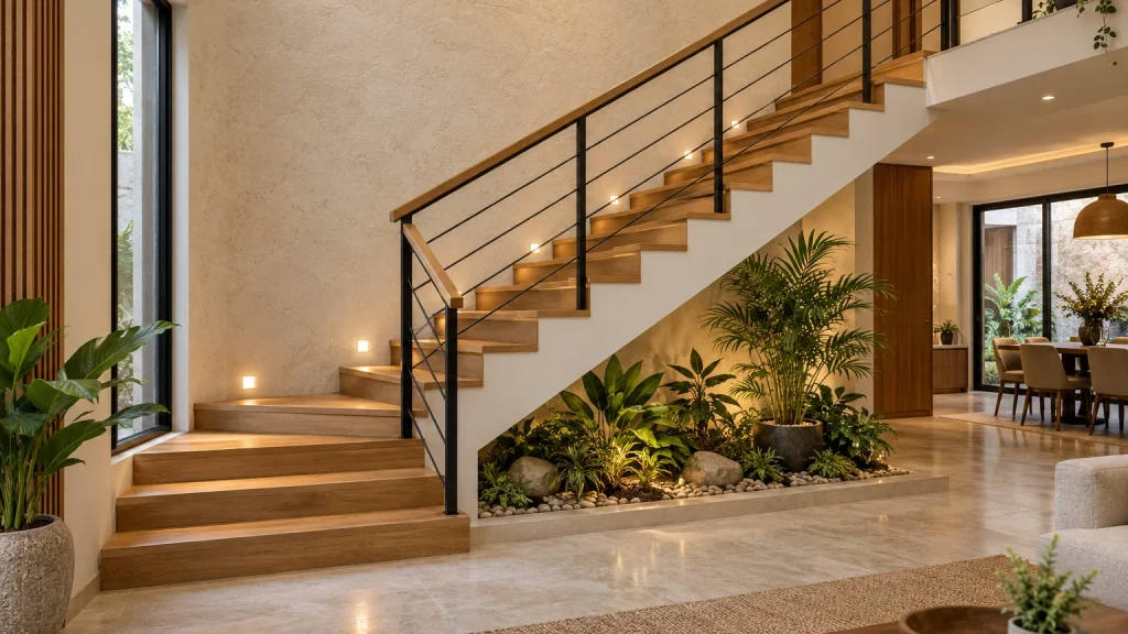Contemporary interior staircase in an Indian duplex home with natural oak treads, slim black metal railing, cream textured wall, subtle tread lights and greenery beneath the stairs. Full staircase composition, believable safe construction.