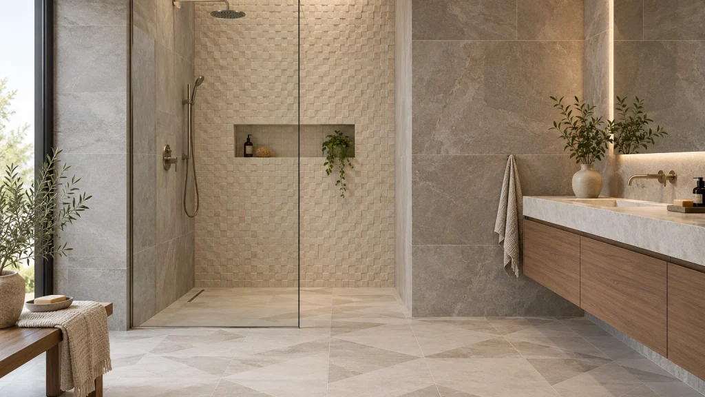 Premium bathroom tile design: large warm grey stone-effect wall tiles, an inset cream textured mosaic shower wall and pale geometric floor tile pattern, clear realistic grout lines, frameless shower and floating vanity, architectural interior composition.