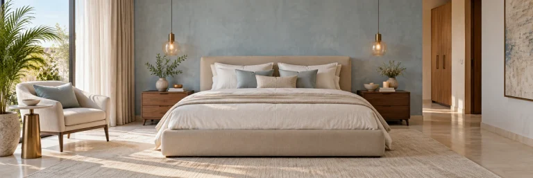 Serene bedroom with ivory linens and a pale blue textured wall