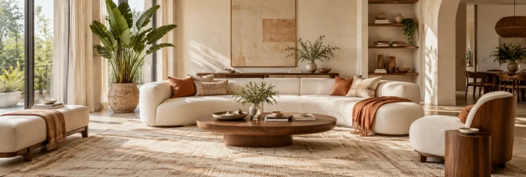 Sunlit contemporary living room with an ivory sofa and walnut coffee table