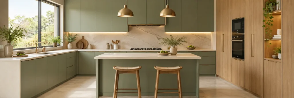 Sage green modular kitchen with quartz counters and warm oak storage