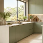 Sage green modular kitchen with quartz counters and warm oak storage