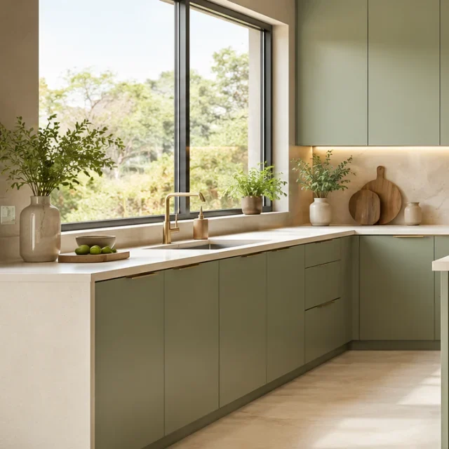 Sage green modular kitchen with quartz counters and warm oak storage