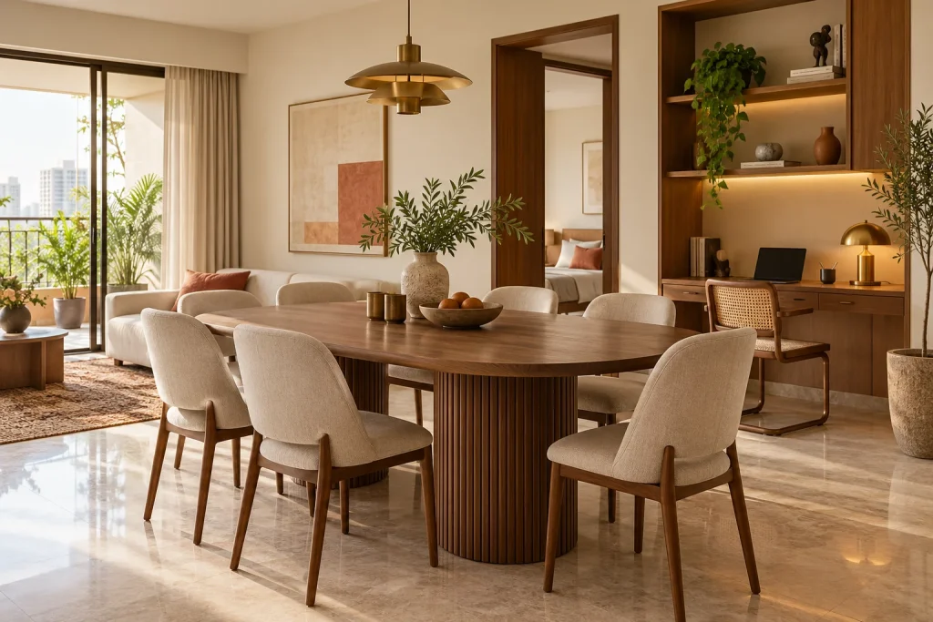 Warm contemporary dining room with an integrated work nook