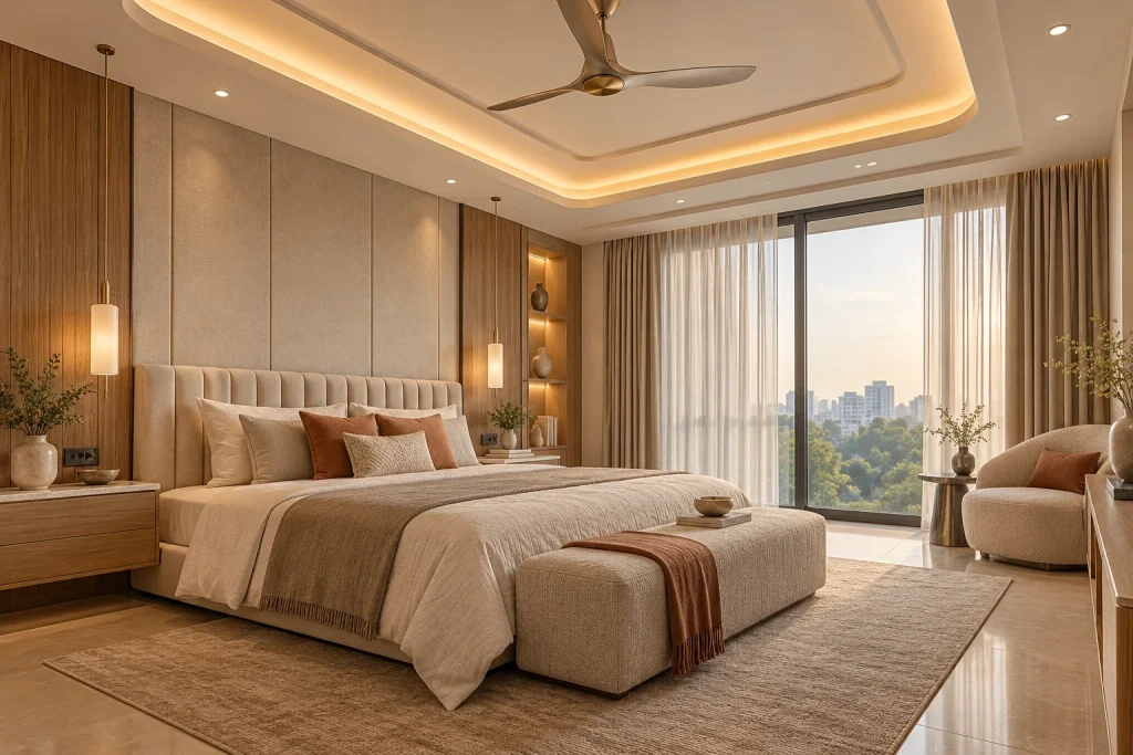 Modern bedroom with a softly illuminated false ceiling