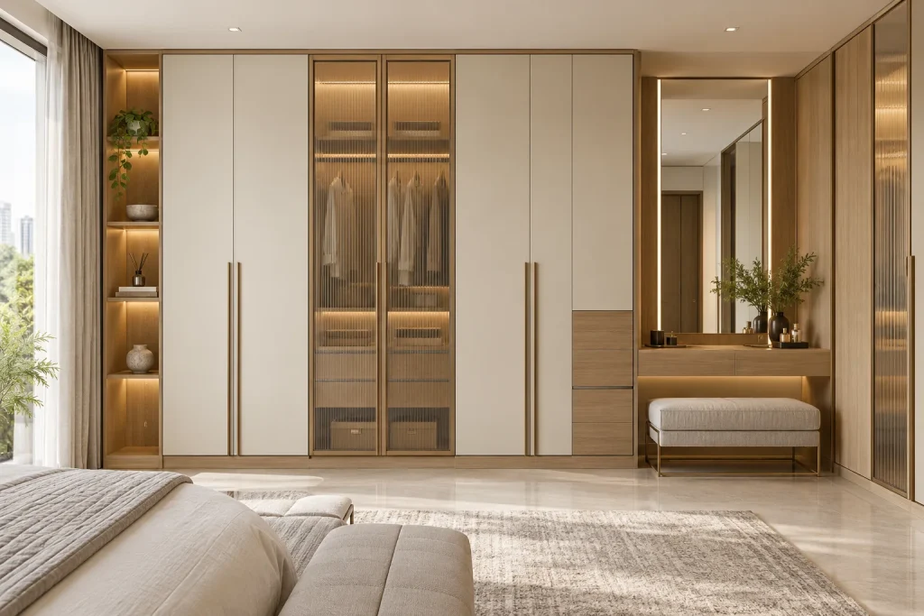 Contemporary cream and oak wardrobe with a dressing area