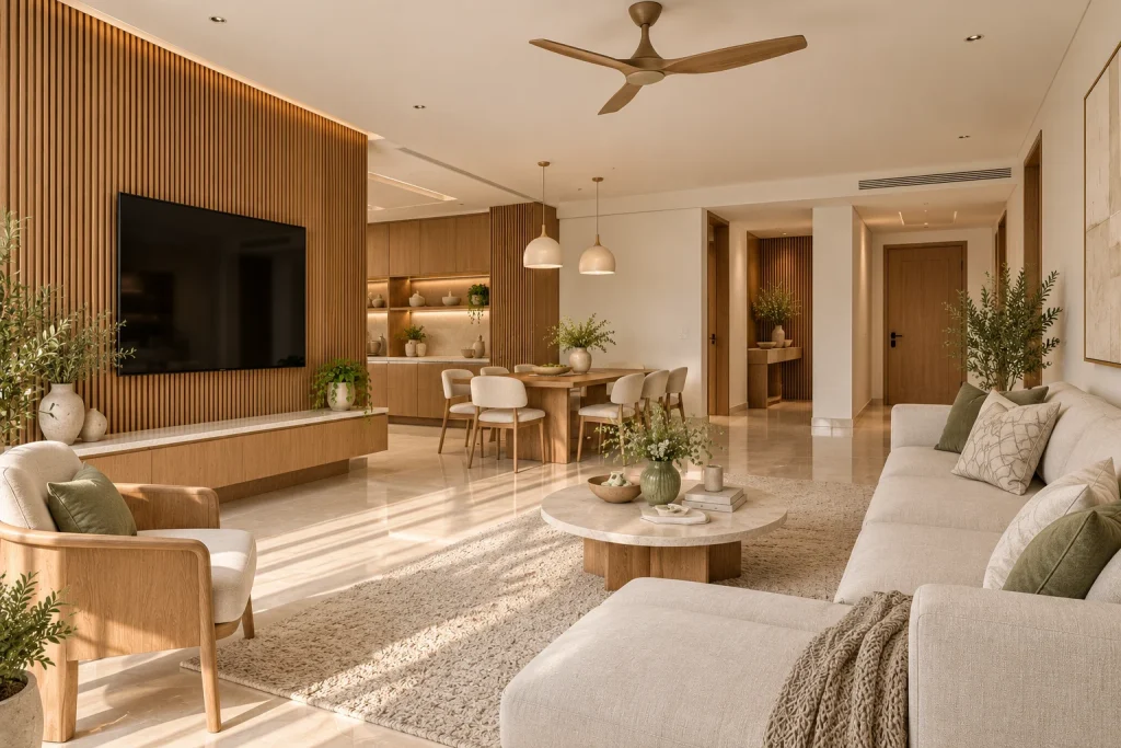 Living room alternate angle with coordinated ivory finishes and warm oak joinery